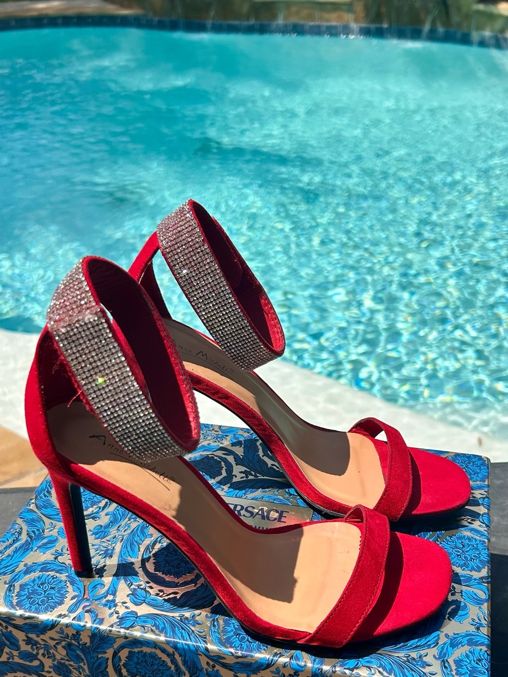 Anne Michelle red rhinestone stiletto sandals.  Size 8.5